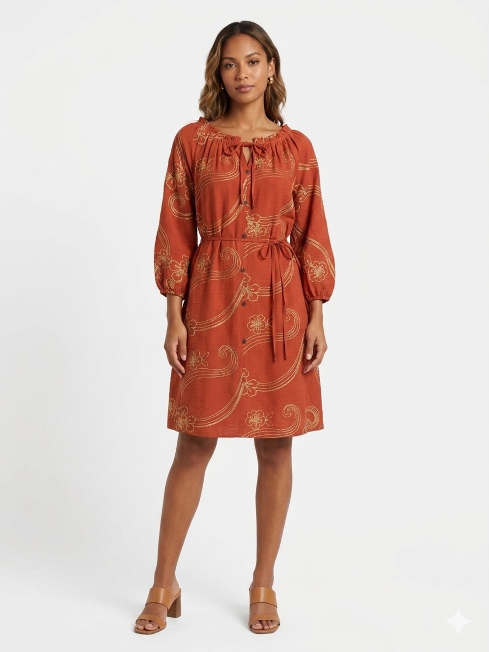 NWT Kindred Rust Floral Tie-Waist Midi Dress with Keyhole Neck Size Medium
